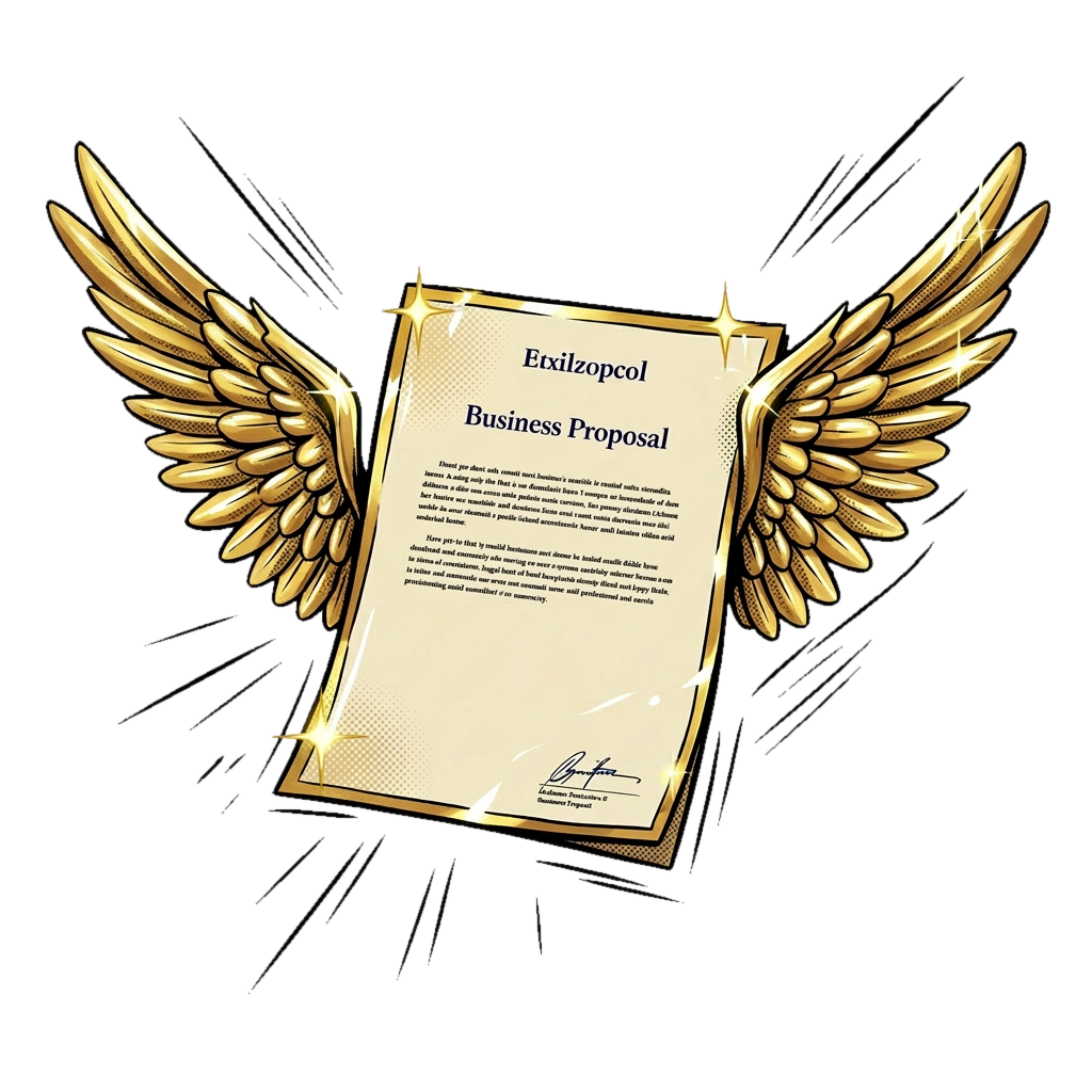 Animated proposal document with golden wings flying — Proposit AI delivers proposals fast